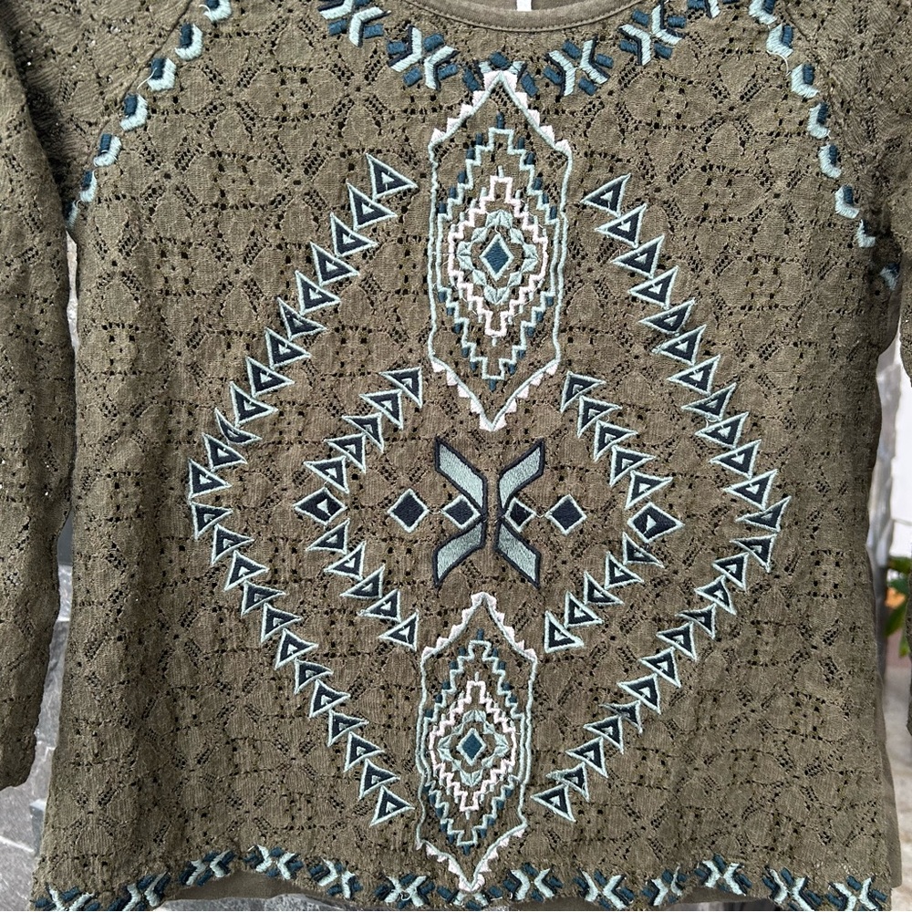 Free People Olive Green Lace Top w/ Aztec Embroidery Details - Picture 2 of 3